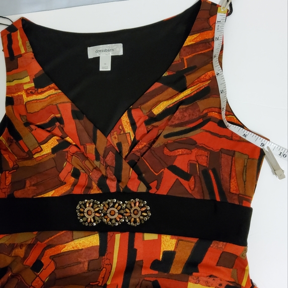 DRESSBARN ORANGE/BLACK FIT & FLARE ASYMMETRICAL SURPLICE SLEEVELES SZ 10 - Picture 5 of 10